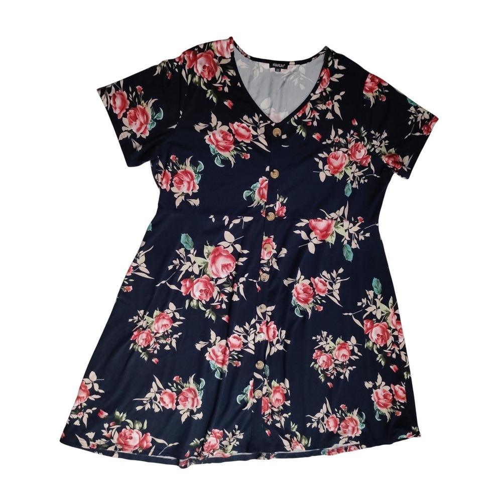 VOIANLIMO Womens Plus Size 3X Navy Blue Floral Rose Button Front V-Neck Dress